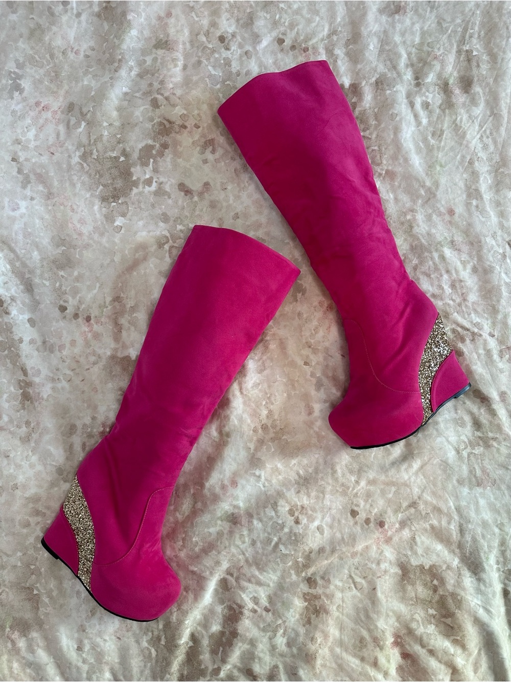 Women's Fuchsia Knee-High Wedge Boots with Glitter Accent